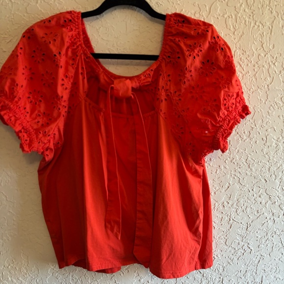 J. Crew Pullover Top Size Large Orange Cotton Embroidered Eyelet Puff Sleeve - Picture 3 of 7